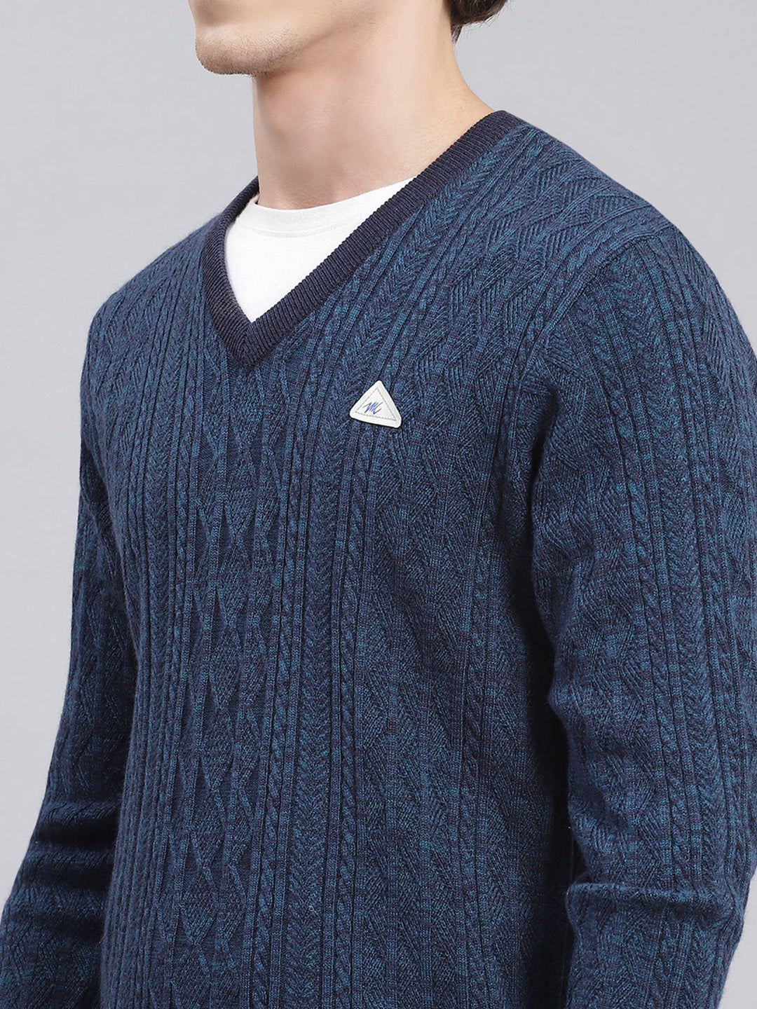 Men Blue Self Design Wool blend Pullover