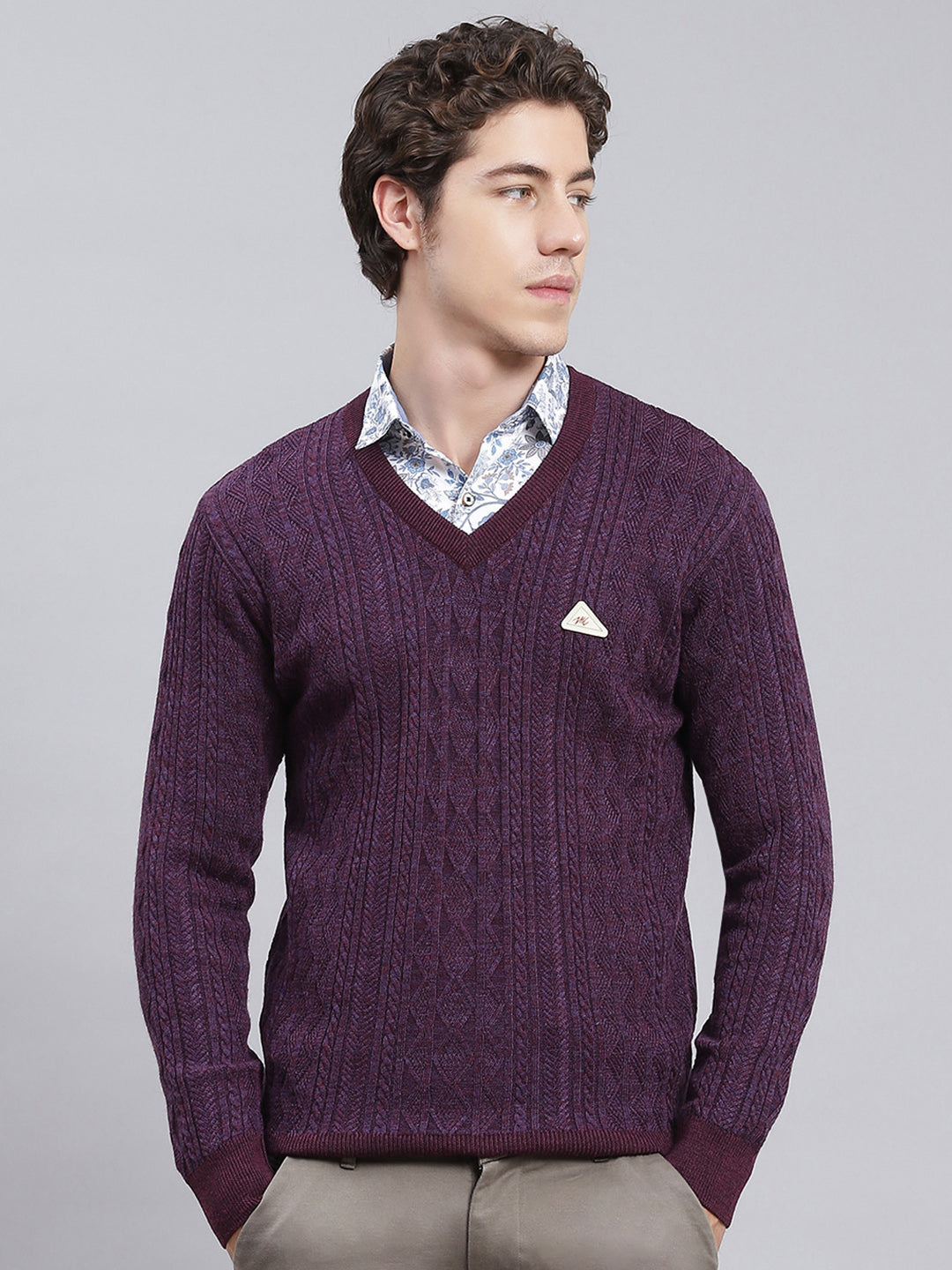 Men Purple Self Design Wool blend Pullover