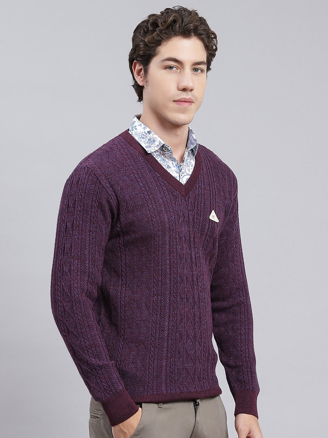 Men Purple Self Design Wool blend Pullover
