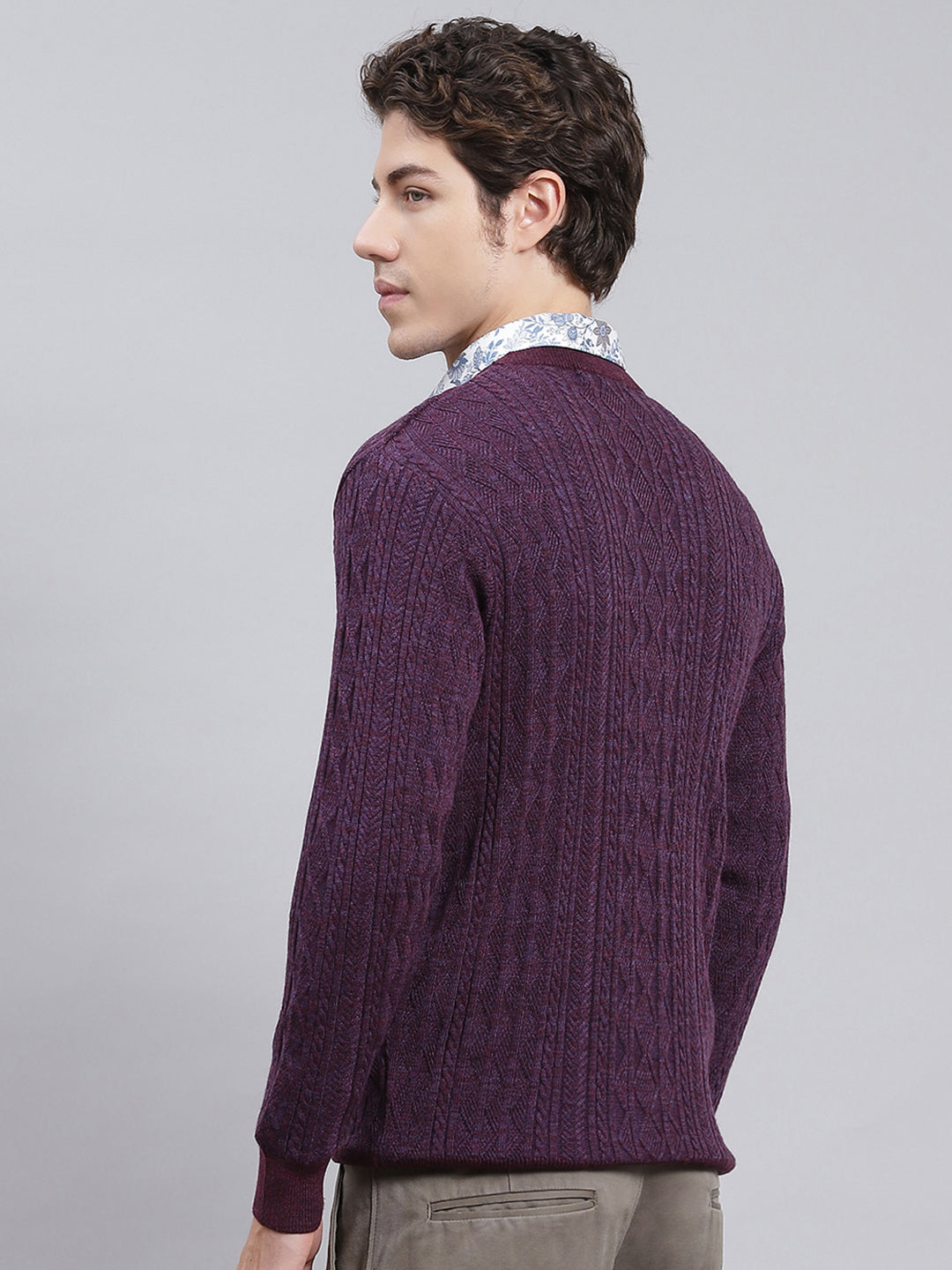 Men Purple Self Design Wool blend Pullover