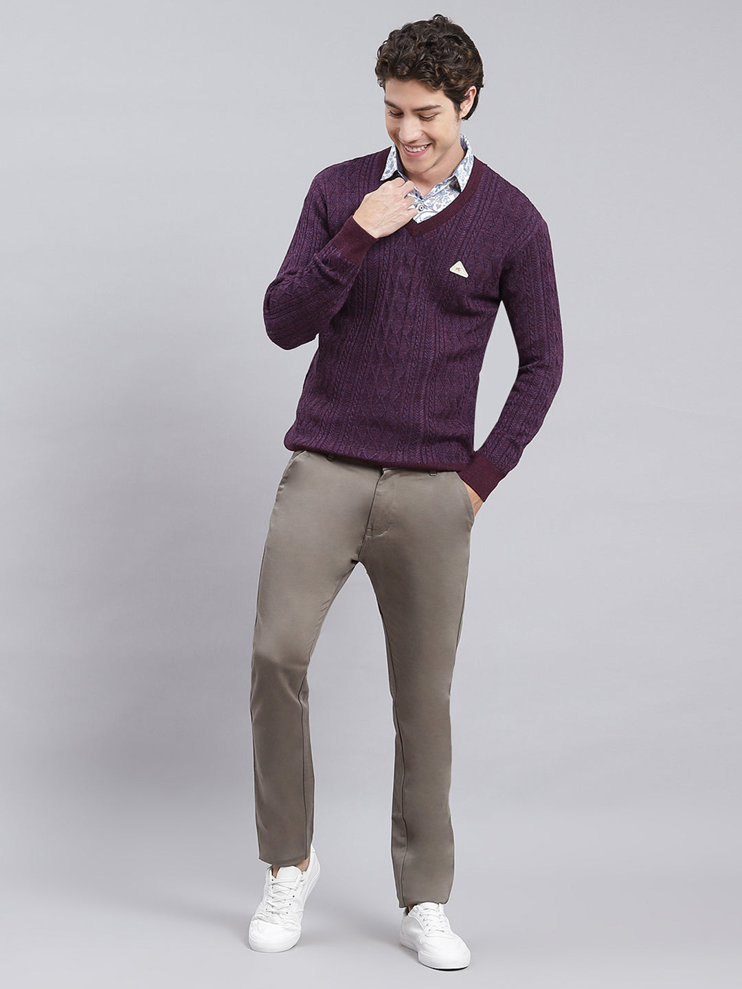 Men Purple Self Design Wool blend Pullover