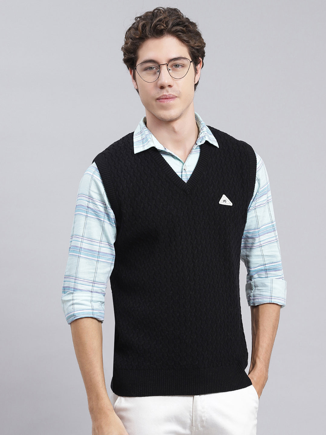 Men Black Self Design Wool blend Sweater