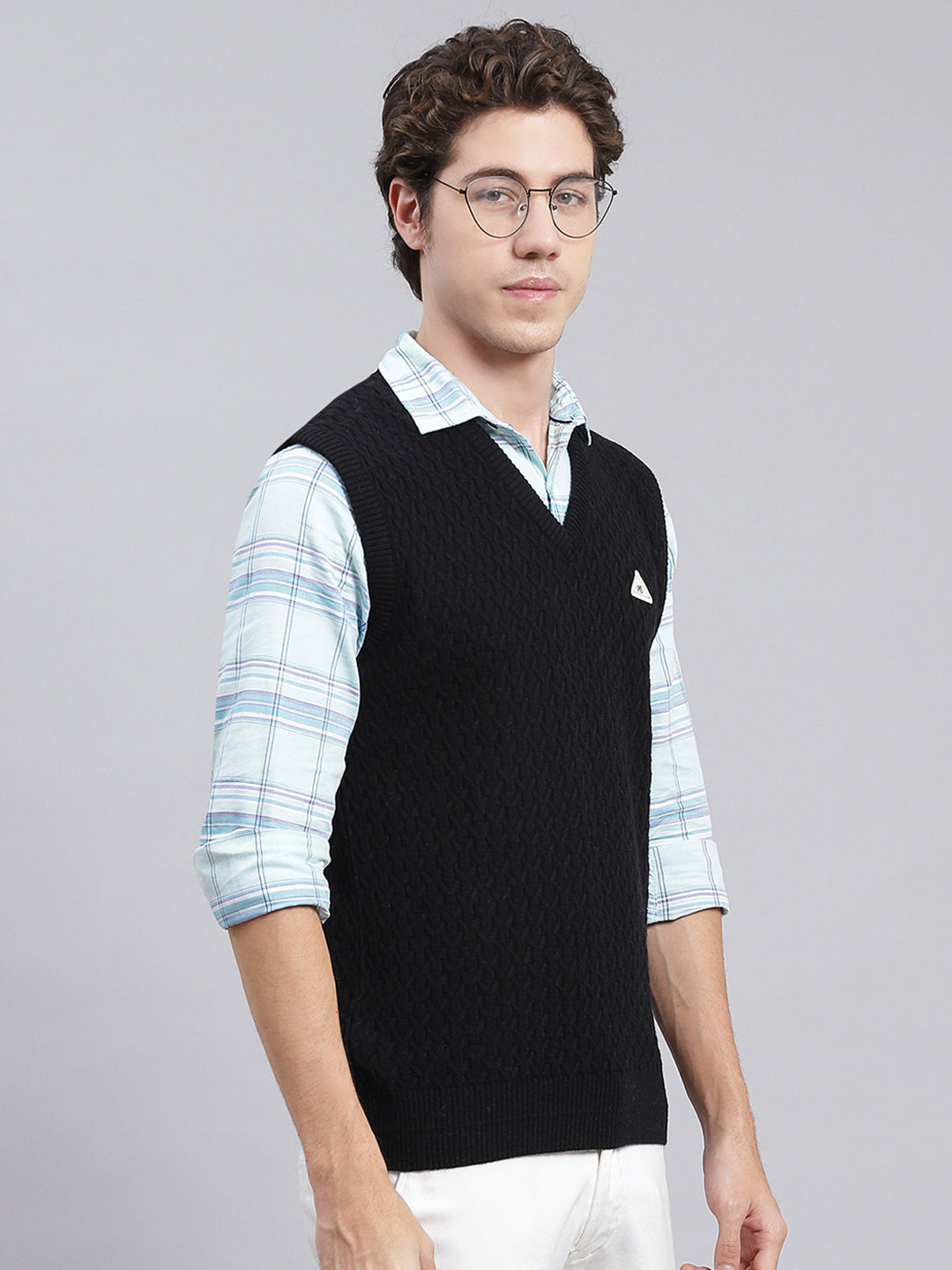 Men Black Self Design Wool blend Sweater