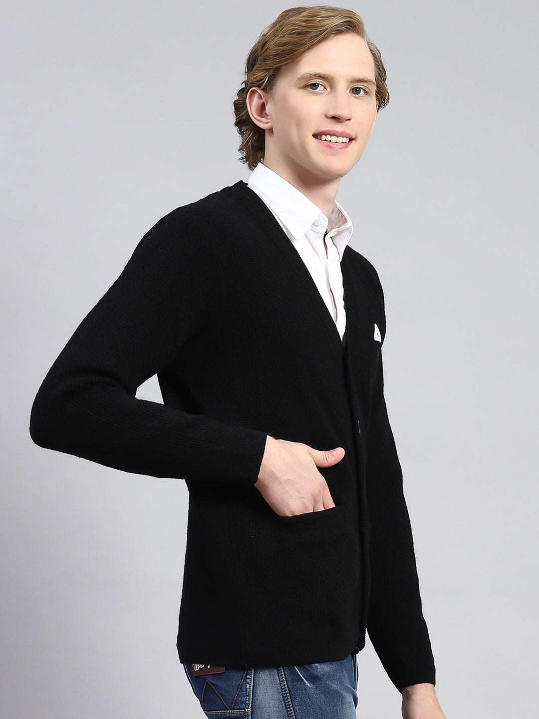 Men Black Self Cardigan