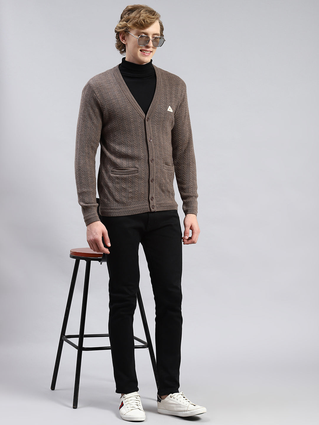 Men Brown Self Cardigan