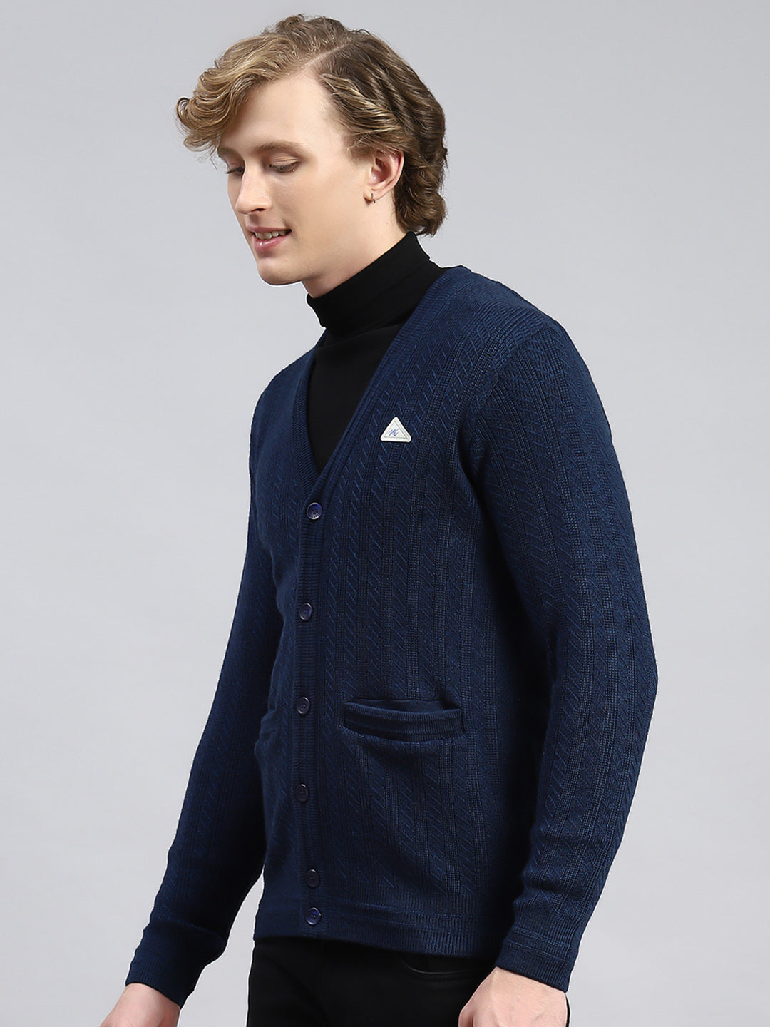 Men Navy Blue Self Cardigan