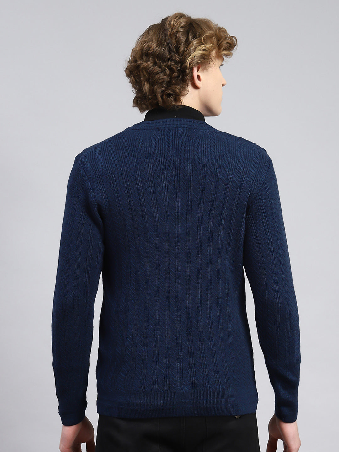 Men Navy Blue Self Cardigan