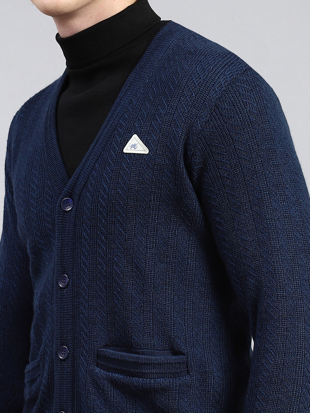 Men Navy Blue Self Cardigan