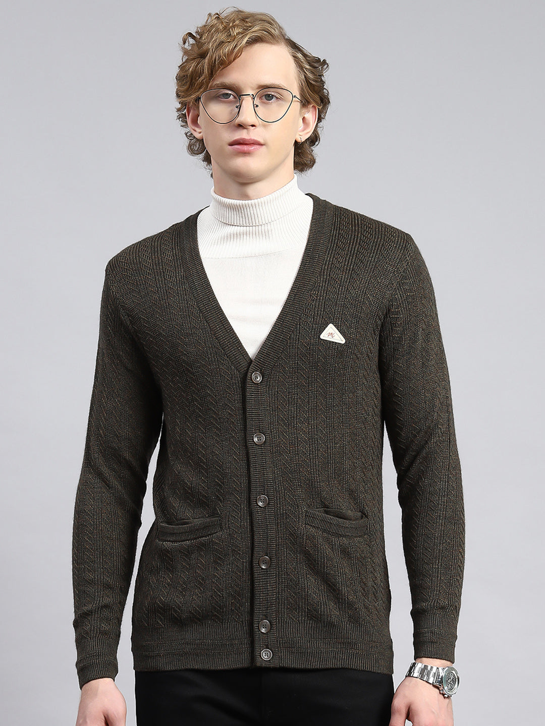 Men Green Self Cardigan