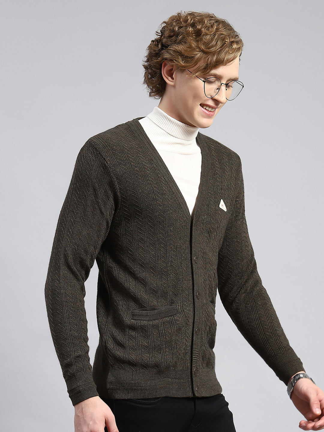 Men Green Self Cardigan
