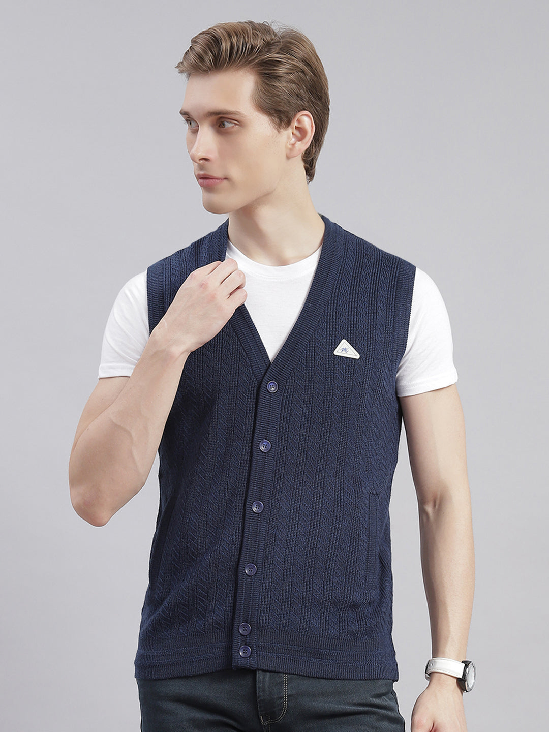 Men Navy Blue Self Design V Neck Sleeveless Cardigans