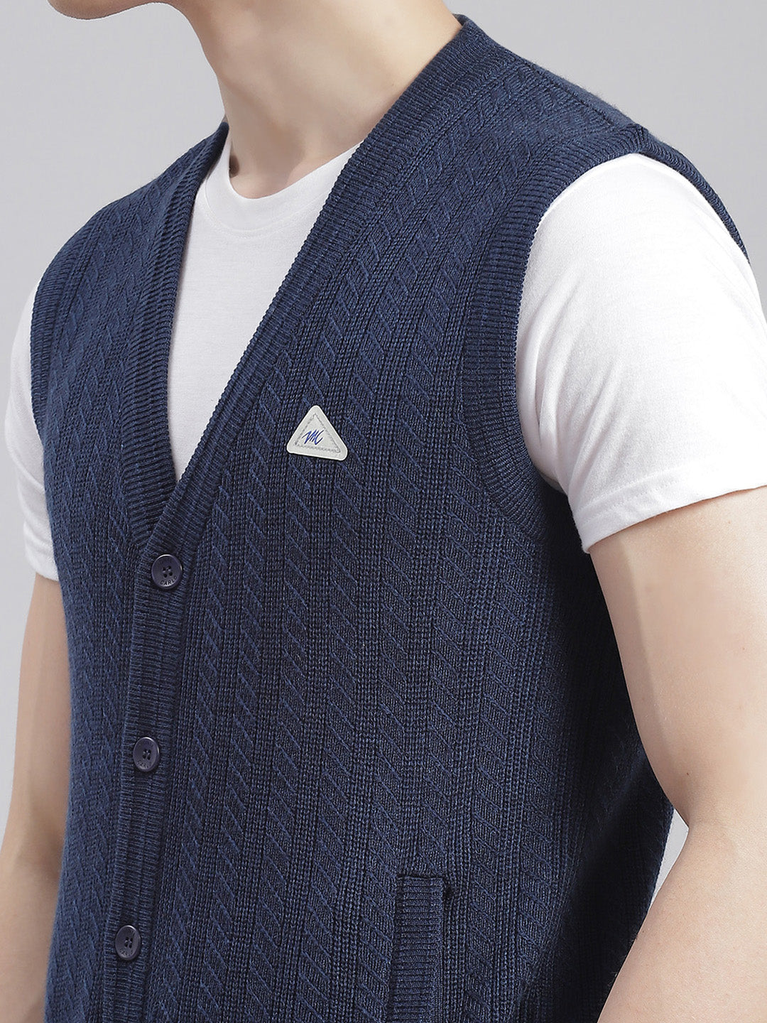 Men Navy Blue Self Design V Neck Sleeveless Cardigans