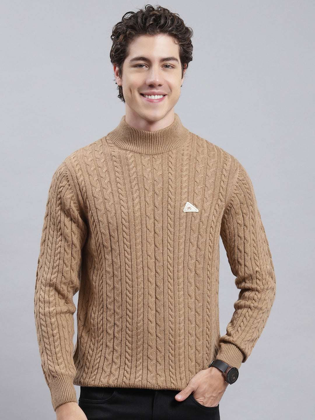 Men Brown Self Pullover