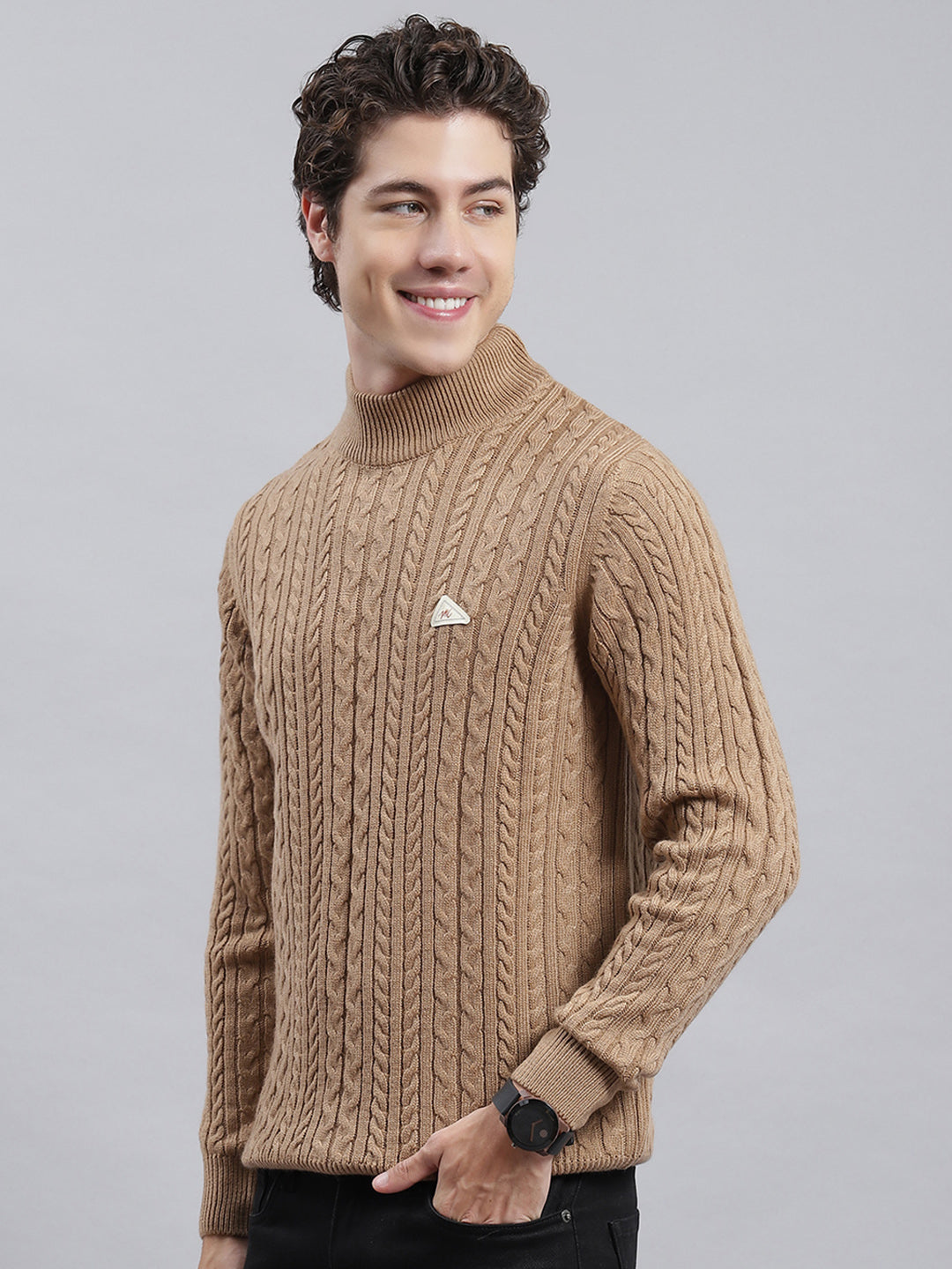 Men Brown Self Pullover