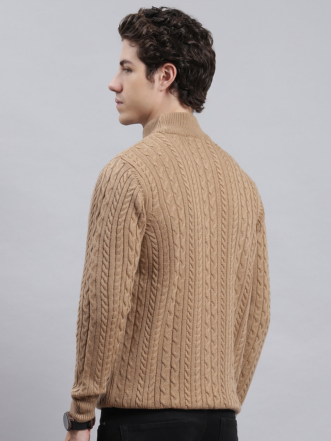 Men Brown Self Pullover