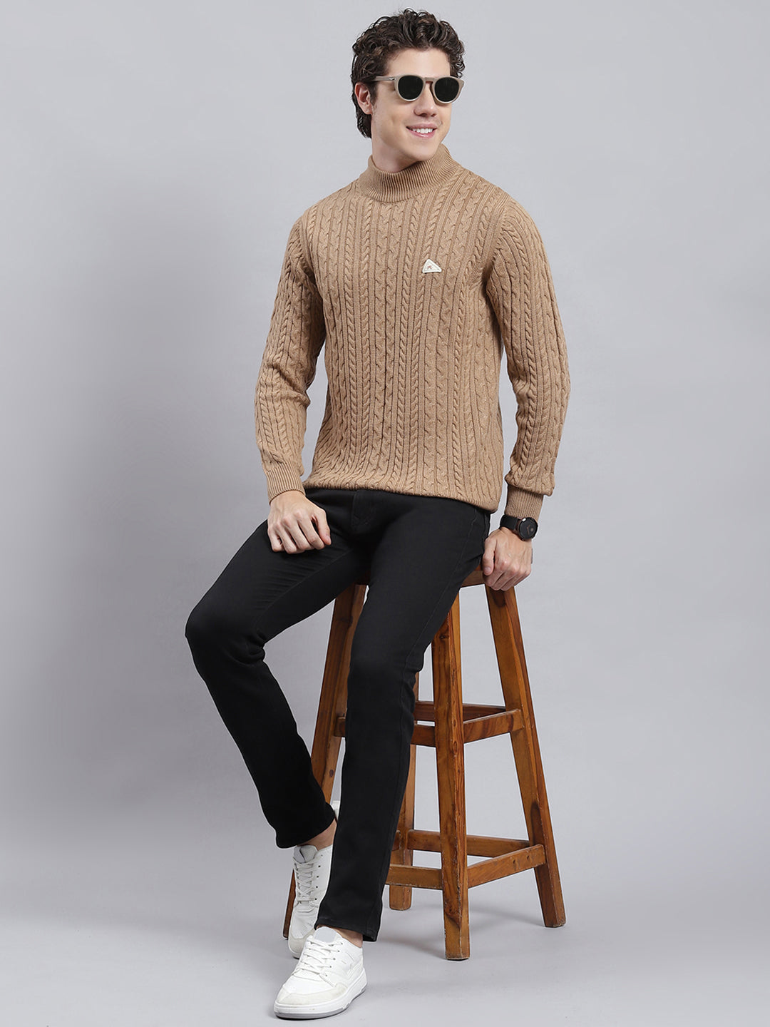 Men Brown Self Pullover