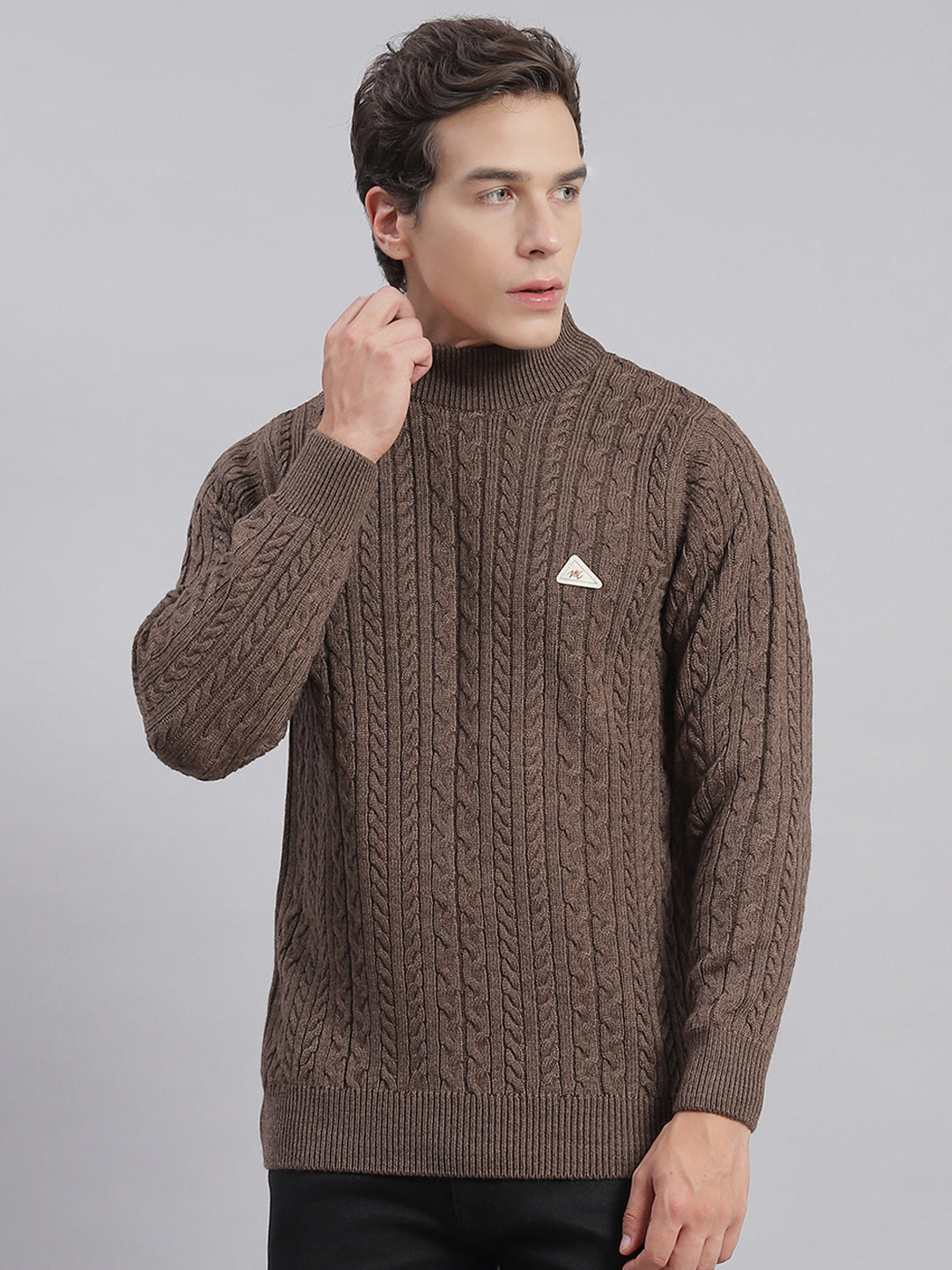 Men Brown Self Design T Neck Full Sleeve Sweaters/Pullovers