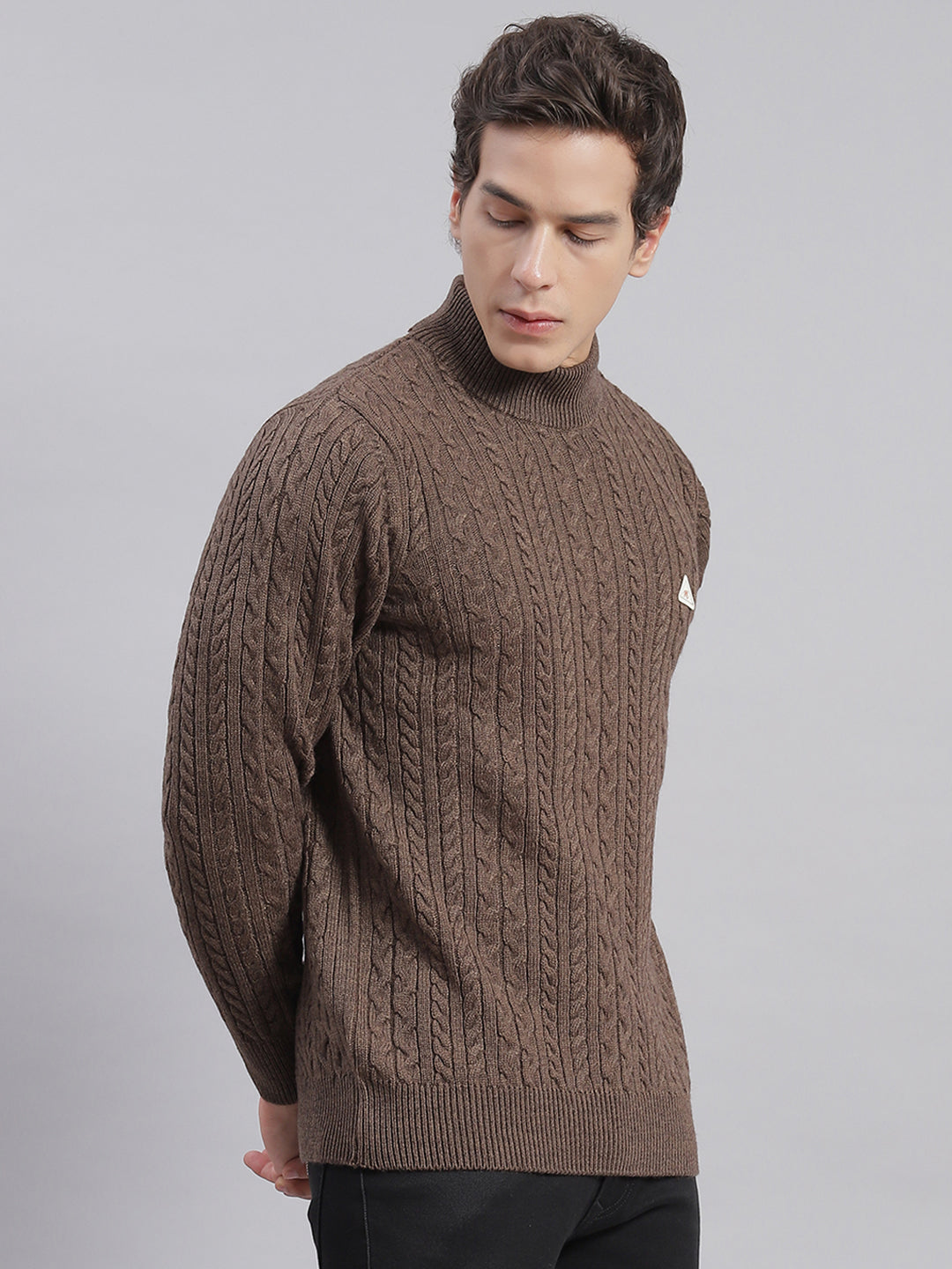 Men Brown Self Design T Neck Full Sleeve Sweaters/Pullovers