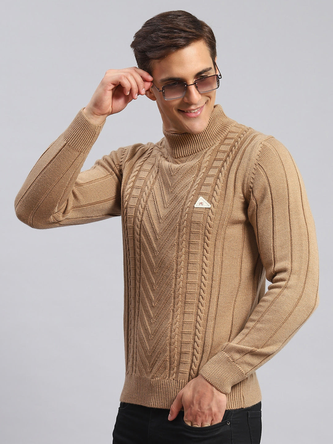 Men Brown Self Design Wool blend Pullover