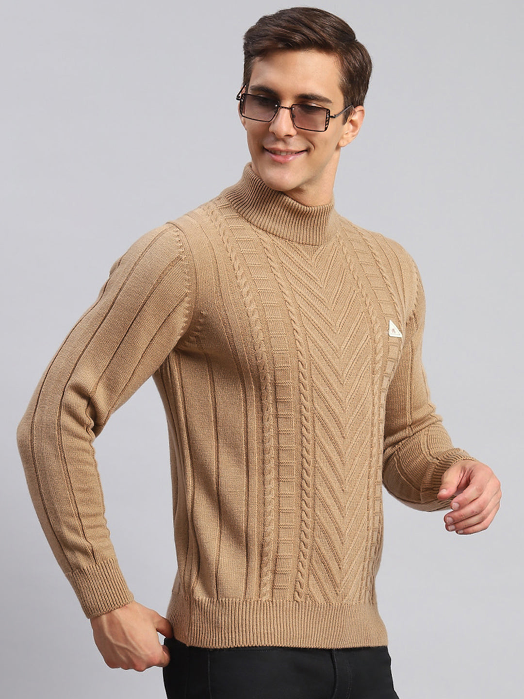 Men Brown Self Design Wool blend Pullover