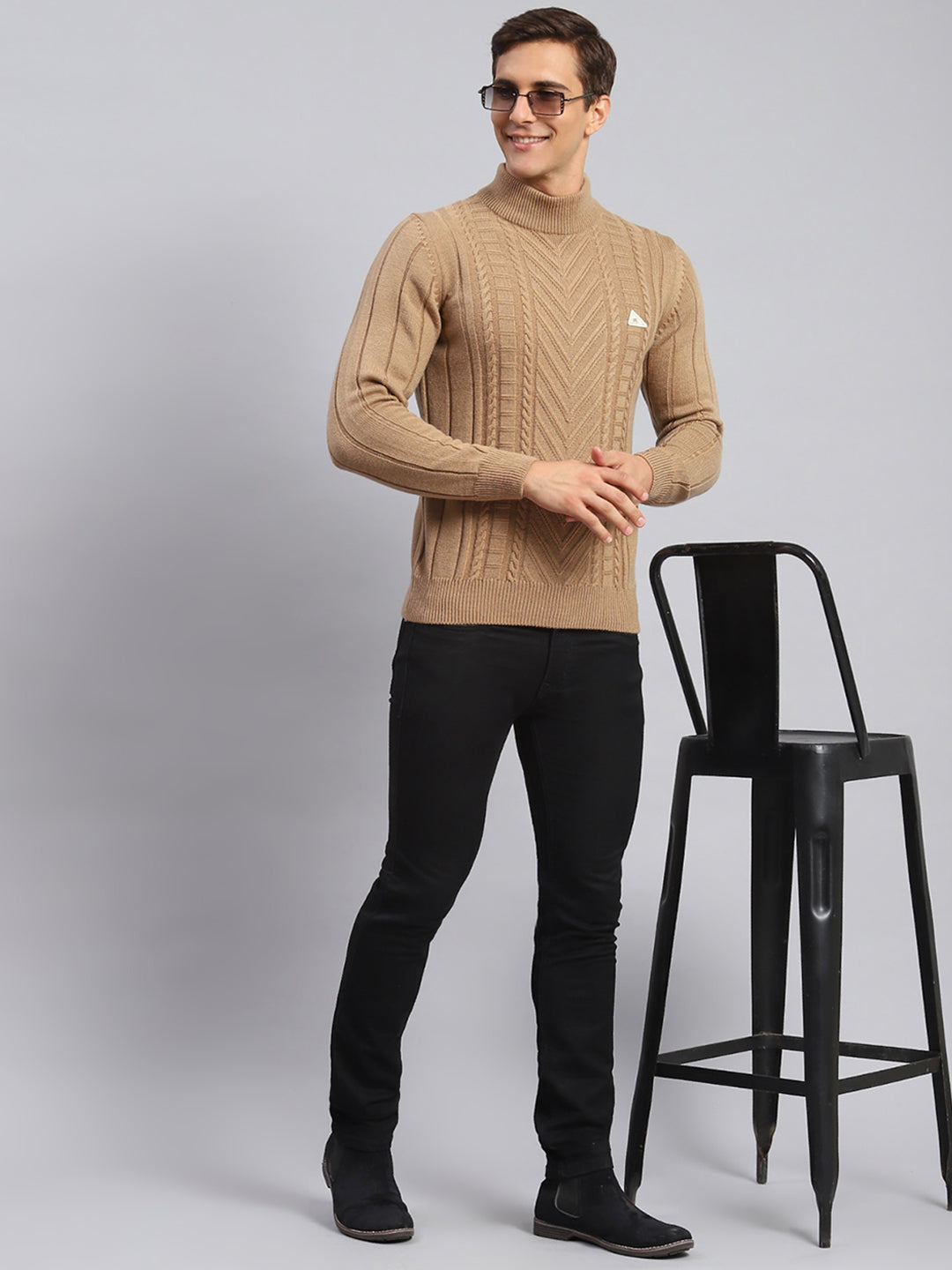 Men Brown Self Design Wool blend Pullover
