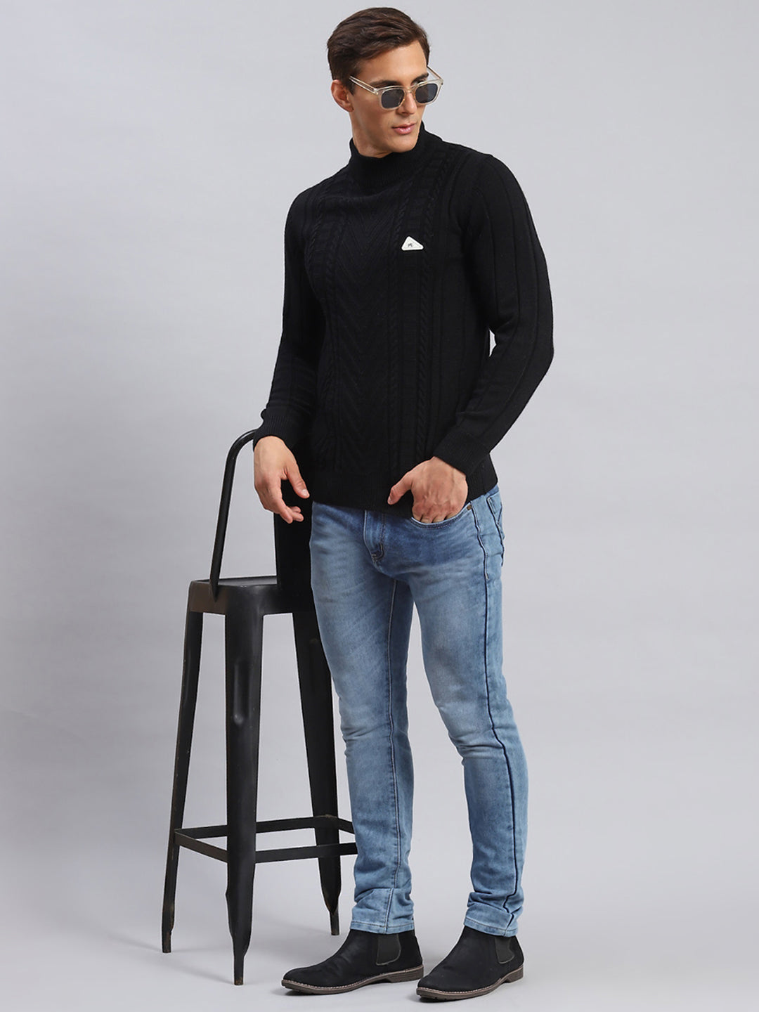 Men Black Self Design Wool blend Pullover