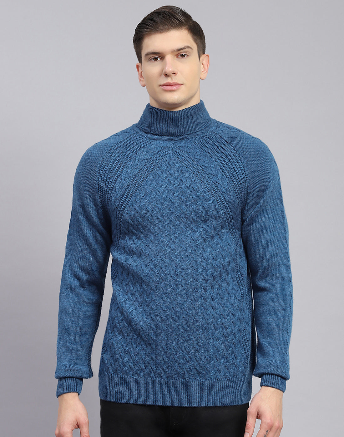 Men Blue Self Design H Neck Full Sleeve Sweater