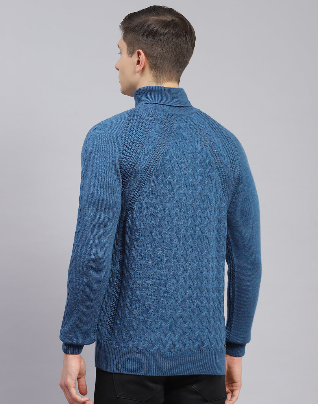 Men Blue Self Design H Neck Full Sleeve Sweater