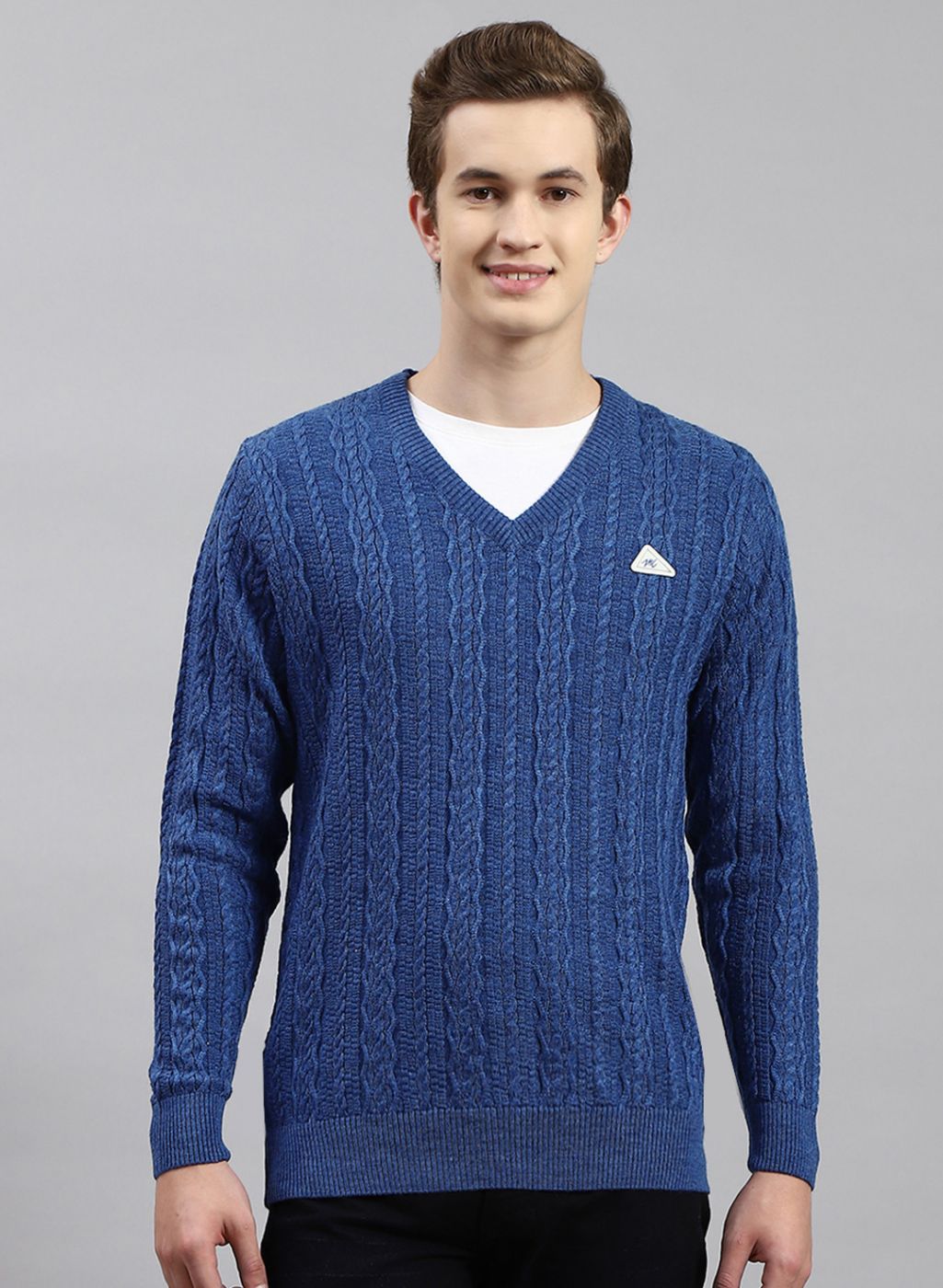 Men Blue Self Design Wool blend Pullover