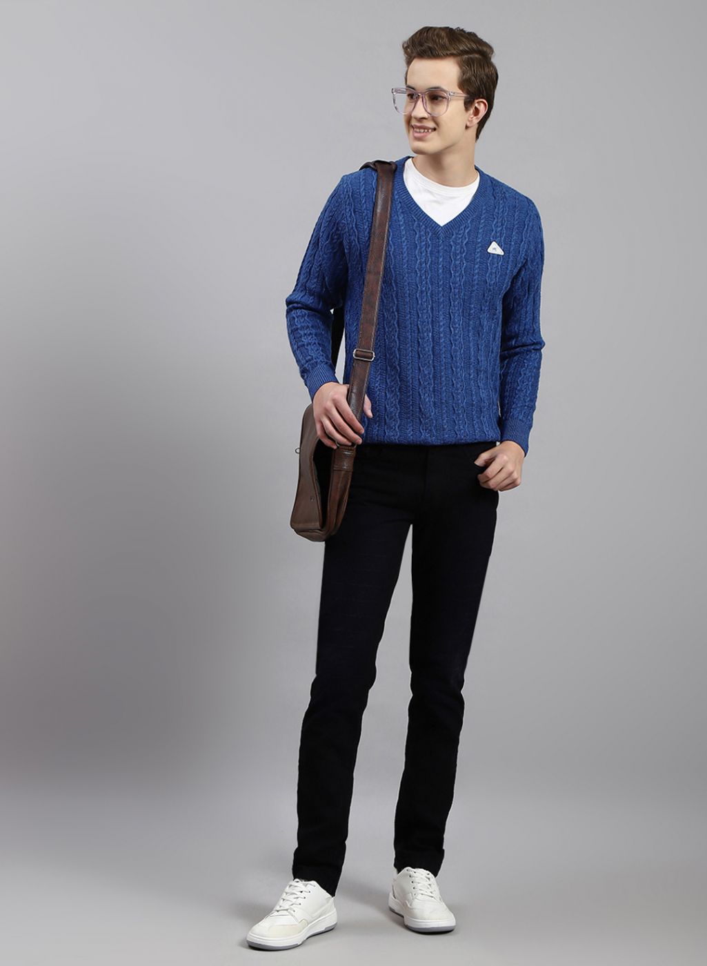 Men Blue Self Design Wool blend Pullover
