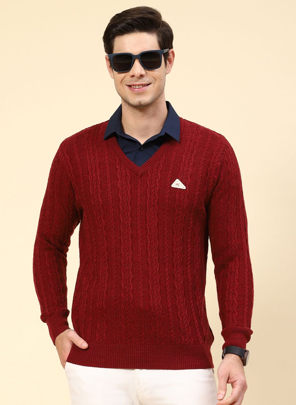 Men Purple Self Design Wool blend Pullover