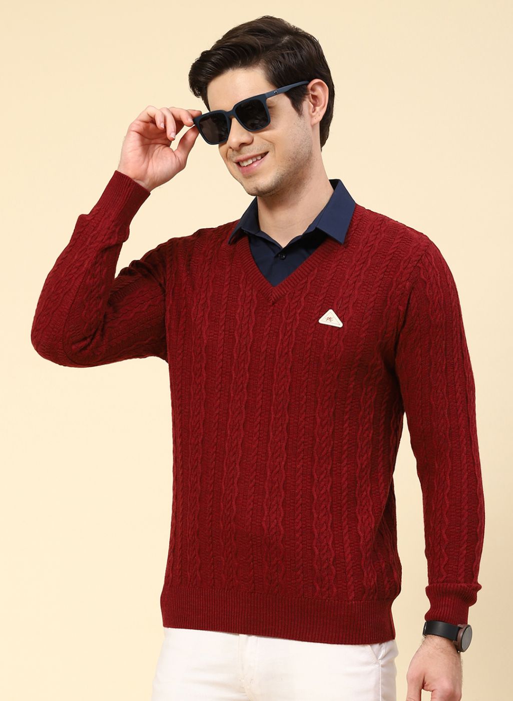 Men Purple Self Design Wool blend Pullover