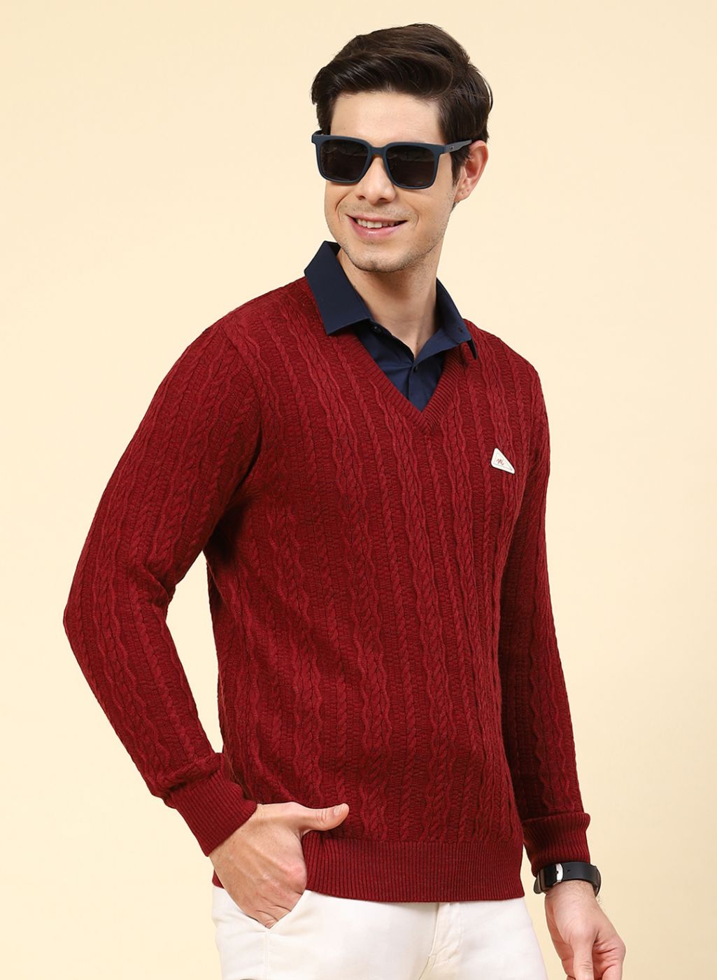 Men Purple Self Design Wool blend Pullover