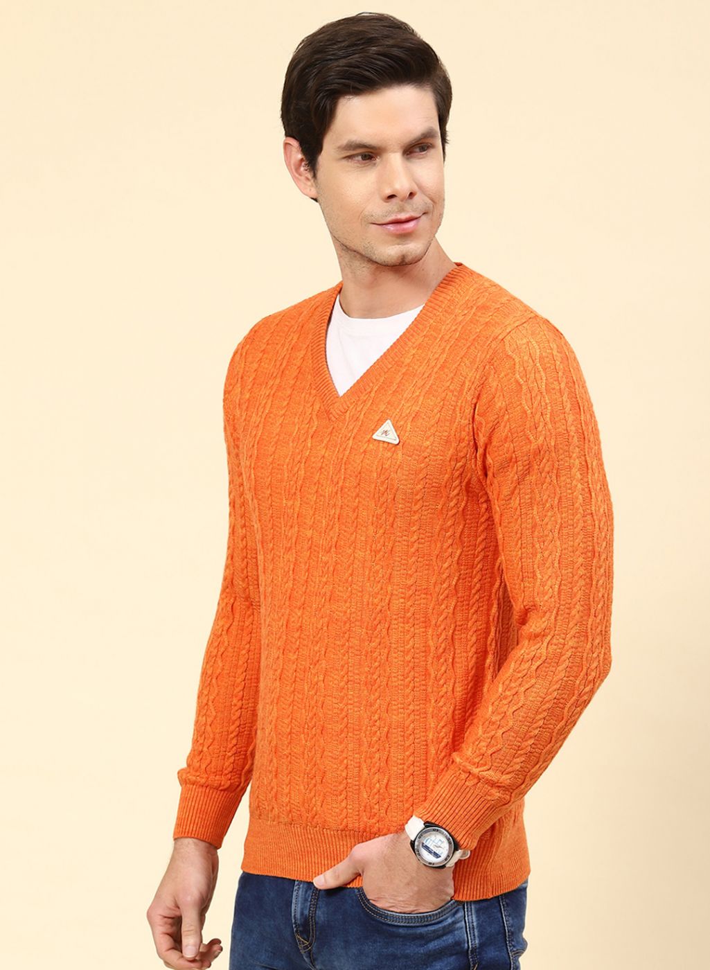Men Orange Self Design Wool blend Pullover