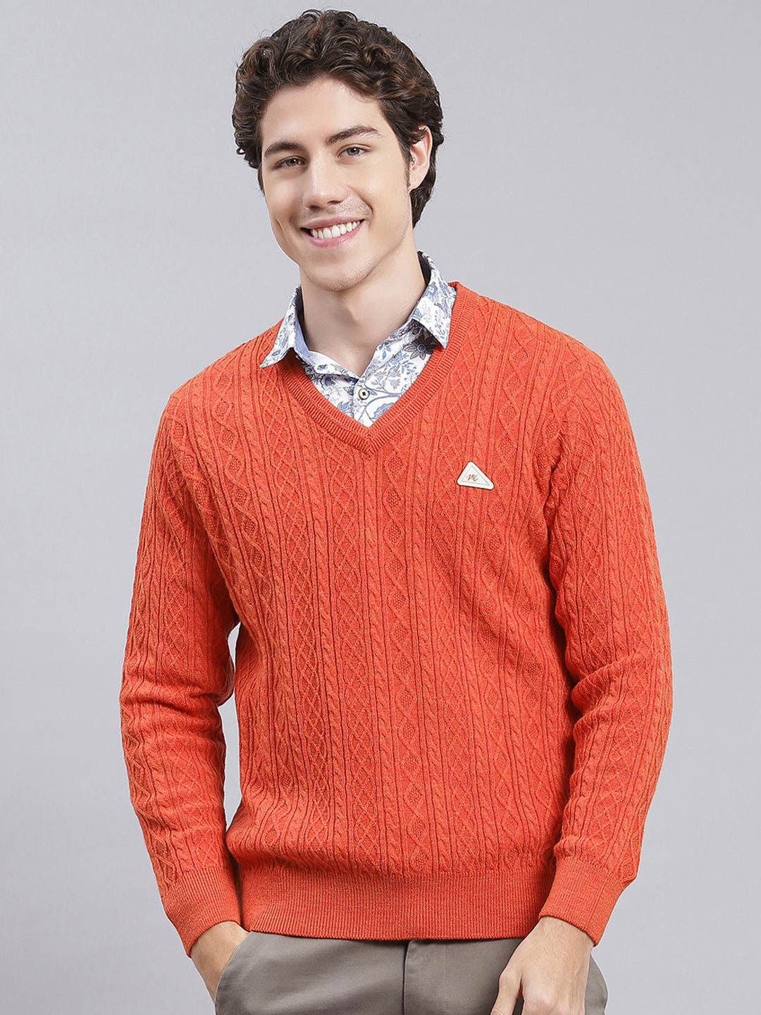 Men Orange Self Design Wool blend Pullover