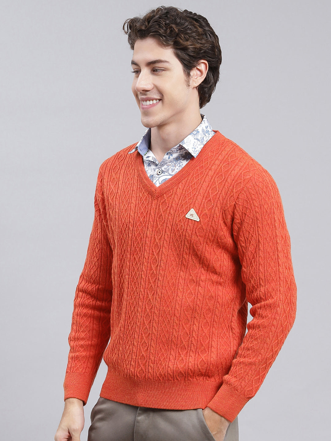 Men Orange Self Design Wool blend Pullover