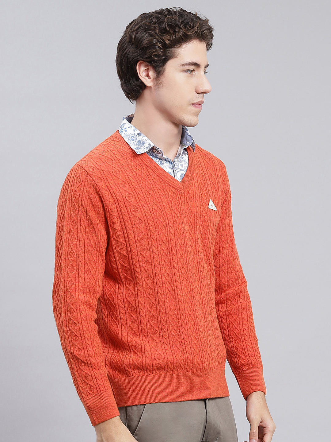 Men Orange Self Design Wool blend Pullover