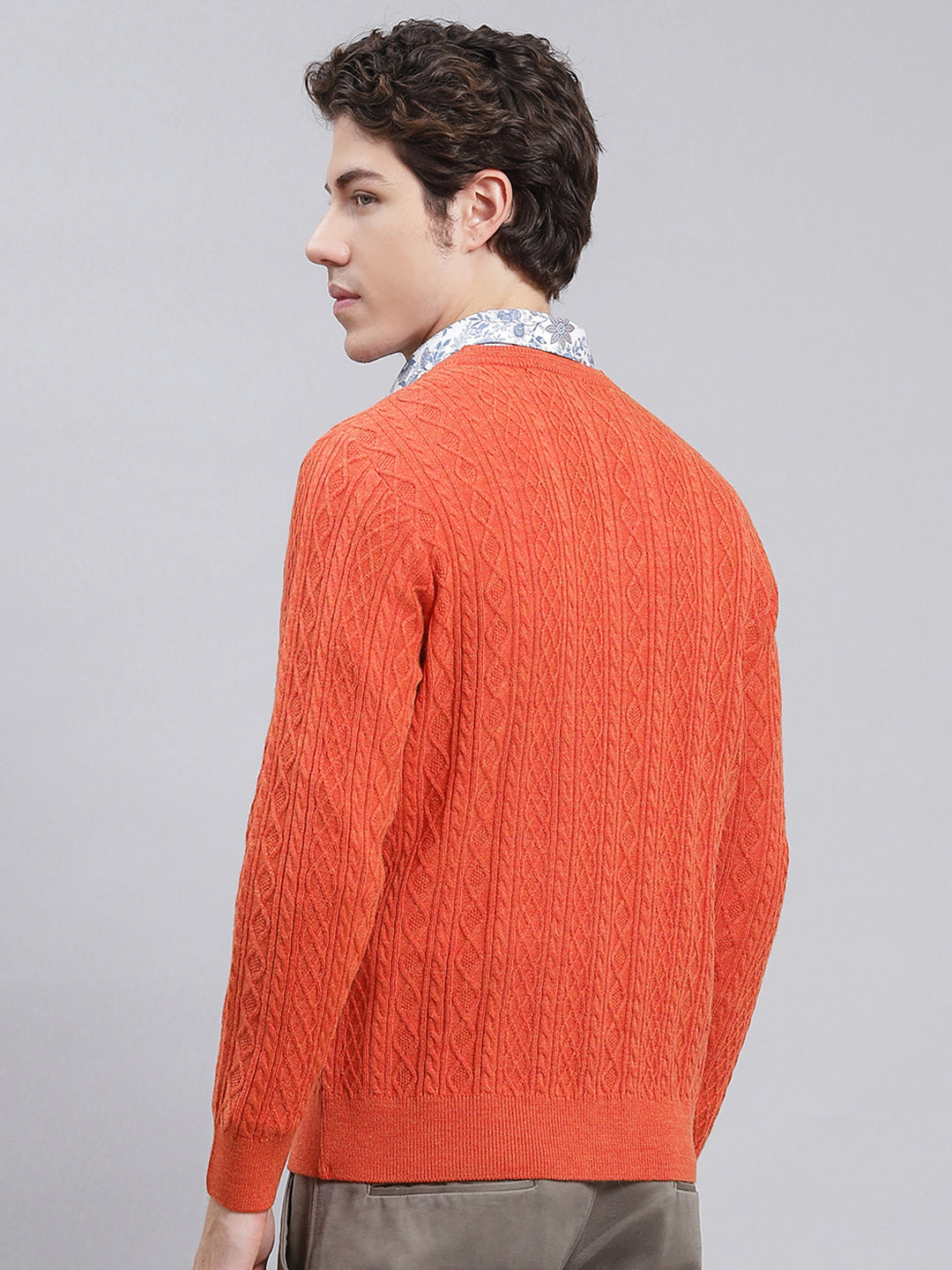 Men Orange Self Design Wool blend Pullover