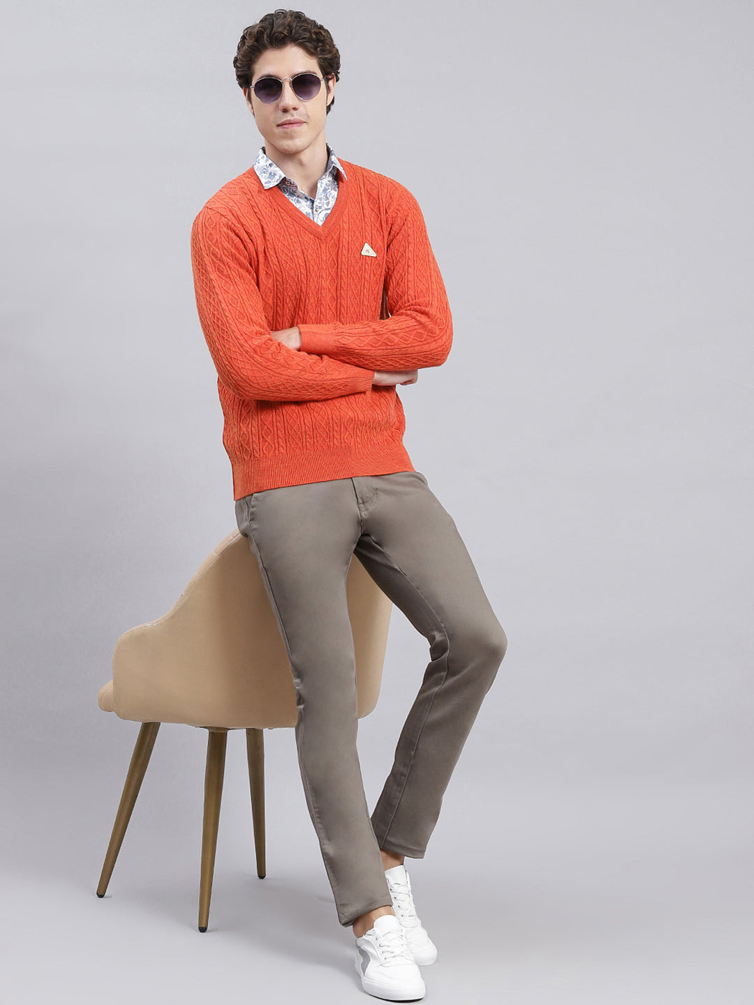 Men Orange Self Design Wool blend Pullover