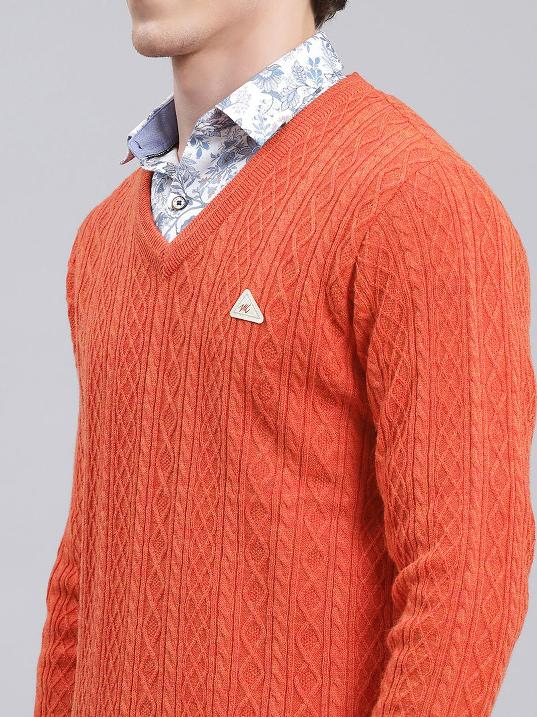 Men Orange Self Design Wool blend Pullover