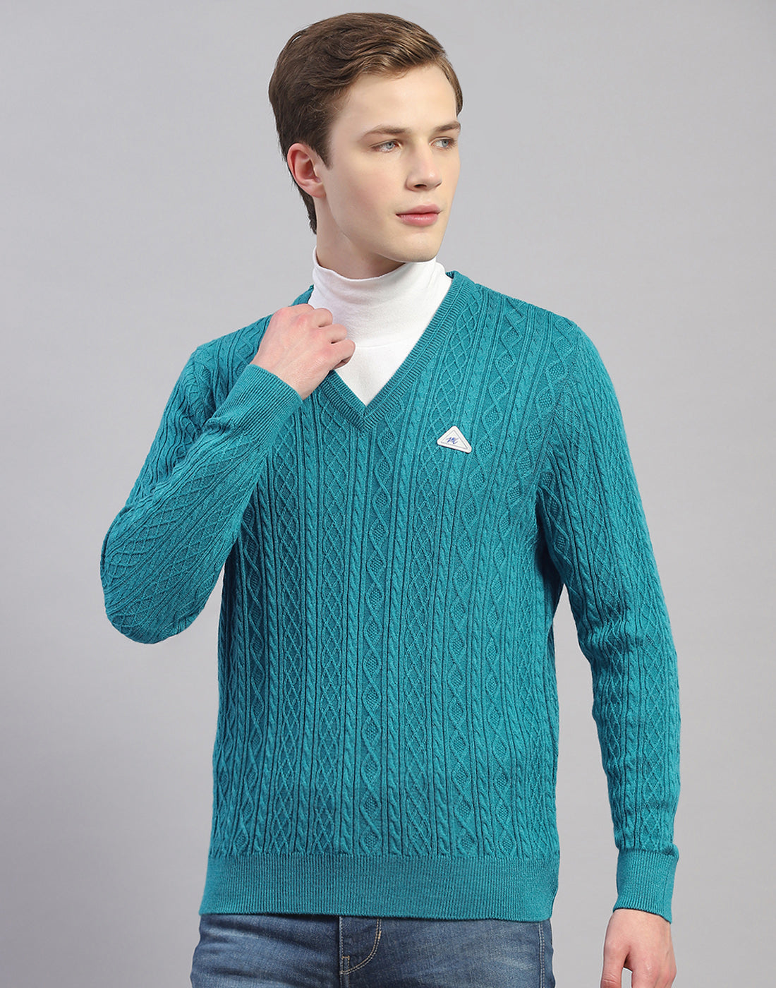 Men Turquoise Blue Solid V Neck Full Sleeve Pullover