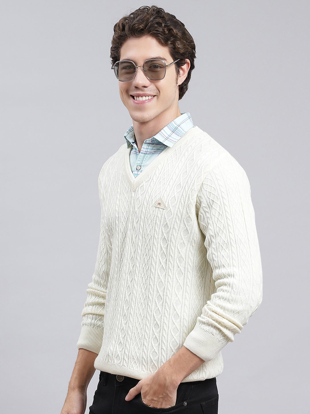 Men Cream Self Design Wool blend Pullover