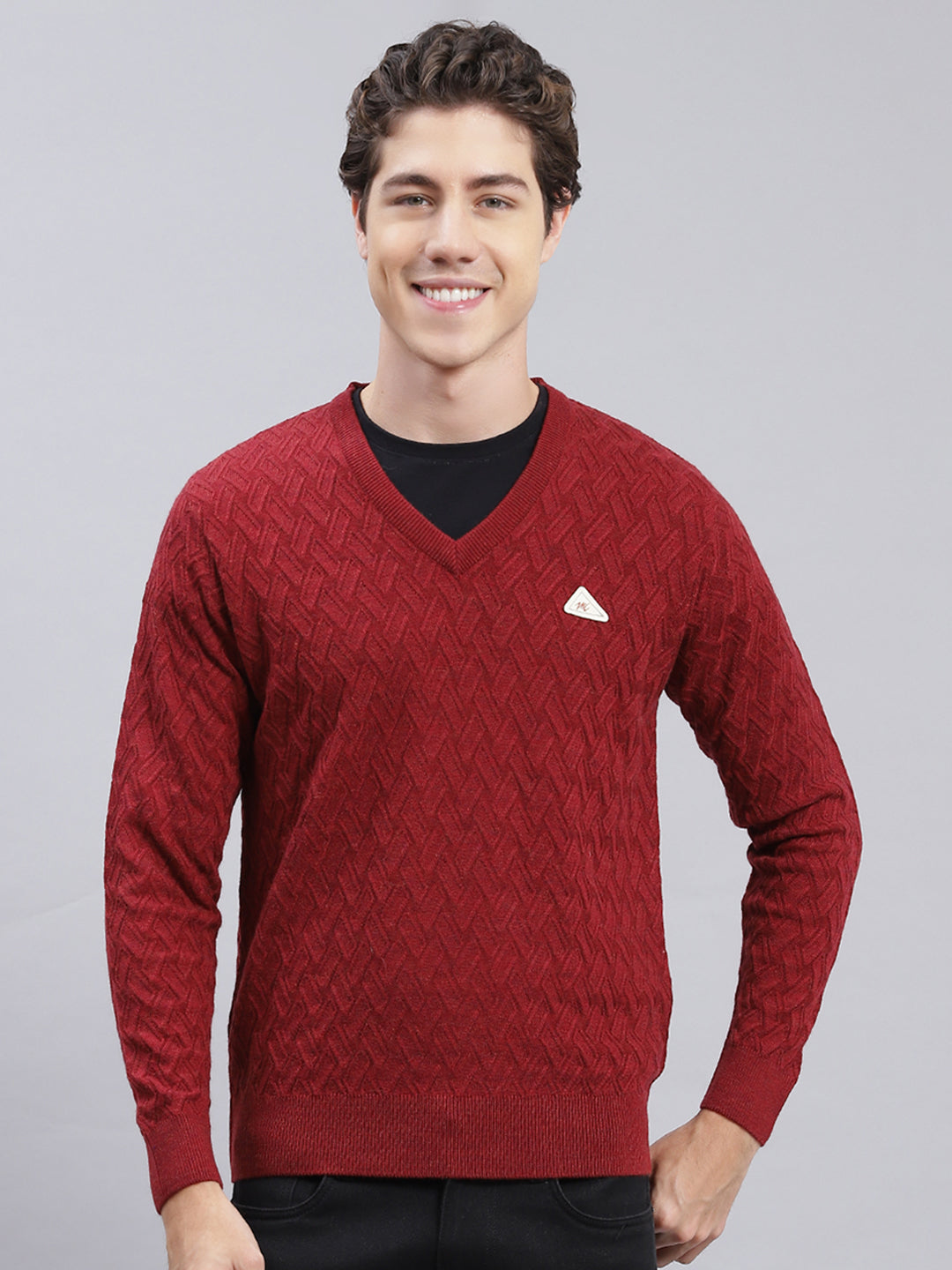 Men Maroon Self Design Wool blend Pullover