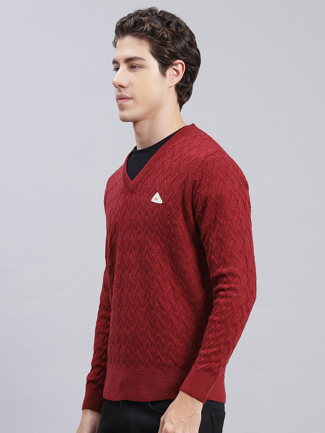 Men Maroon Self Design Wool blend Pullover
