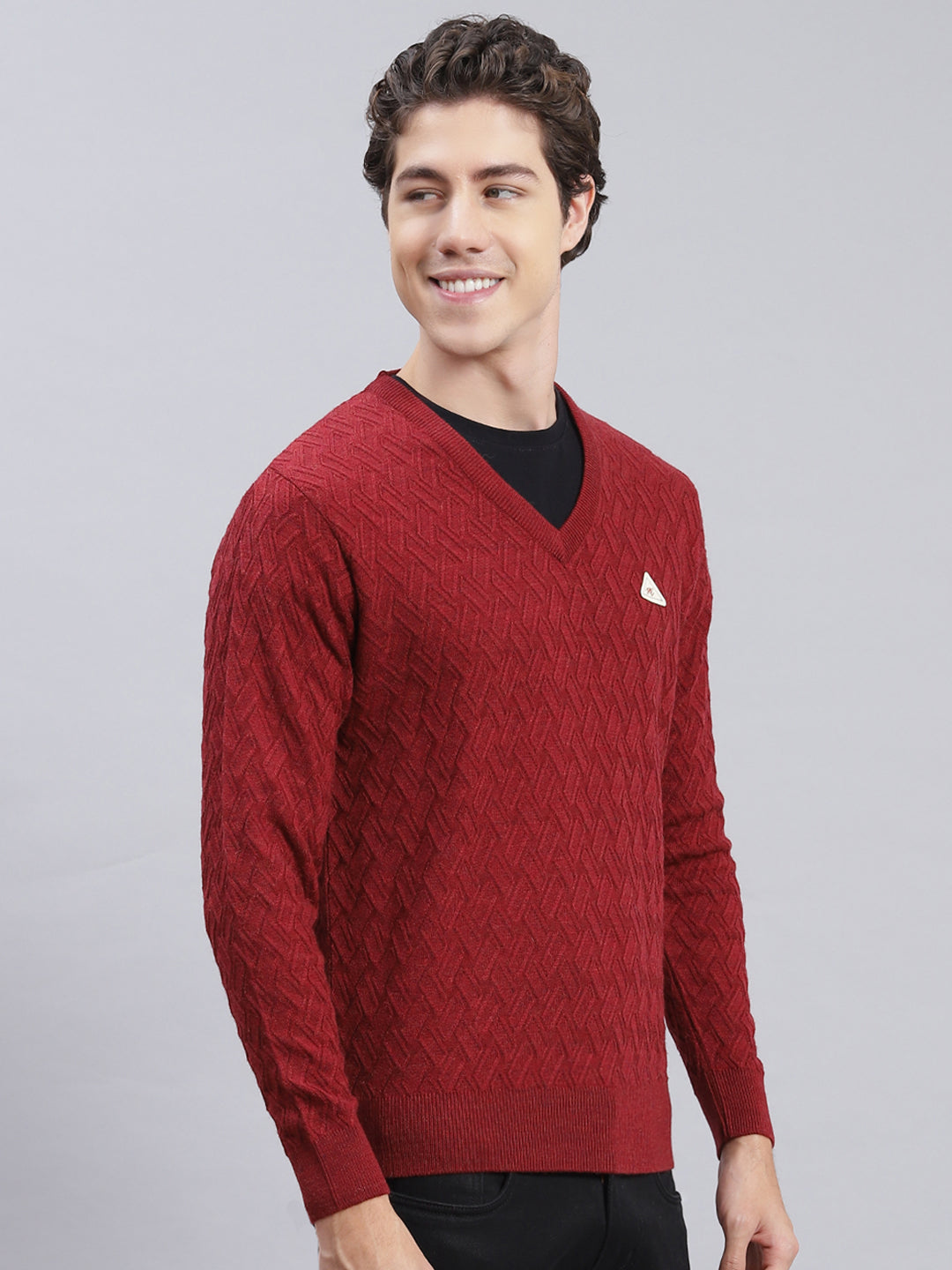 Men Maroon Self Design Wool blend Pullover