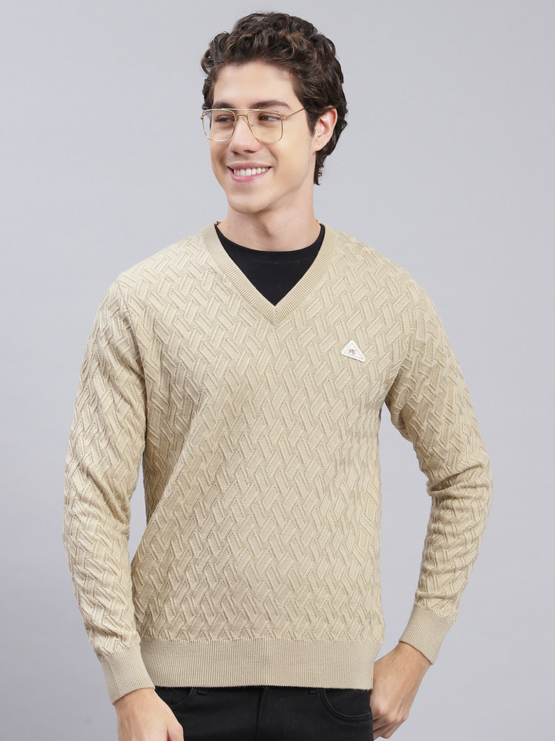 Men Camel Brown Self Design Wool blend Pullover