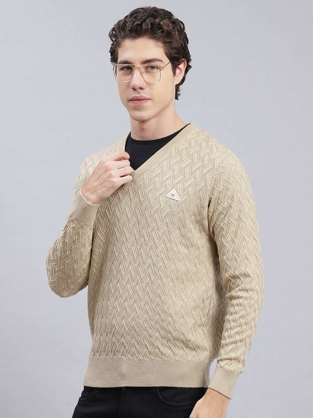 Men Camel Brown Self Design Wool blend Pullover