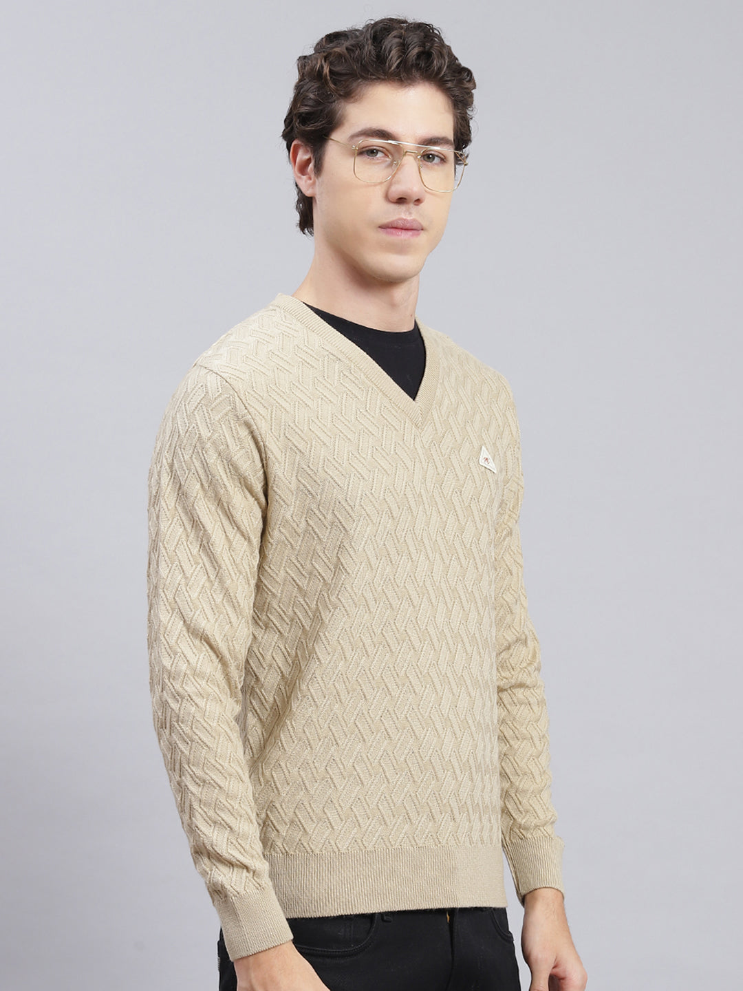 Men Camel Brown Self Design Wool blend Pullover