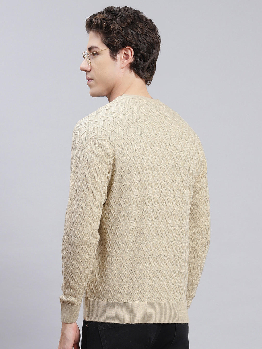 Men Camel Brown Self Design Wool blend Pullover