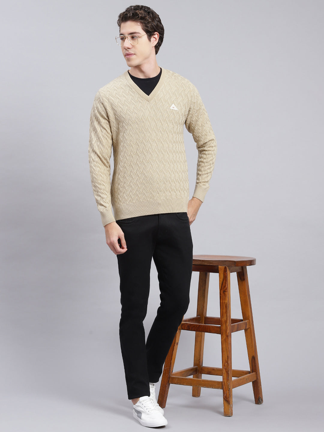 Men Camel Brown Self Design Wool blend Pullover